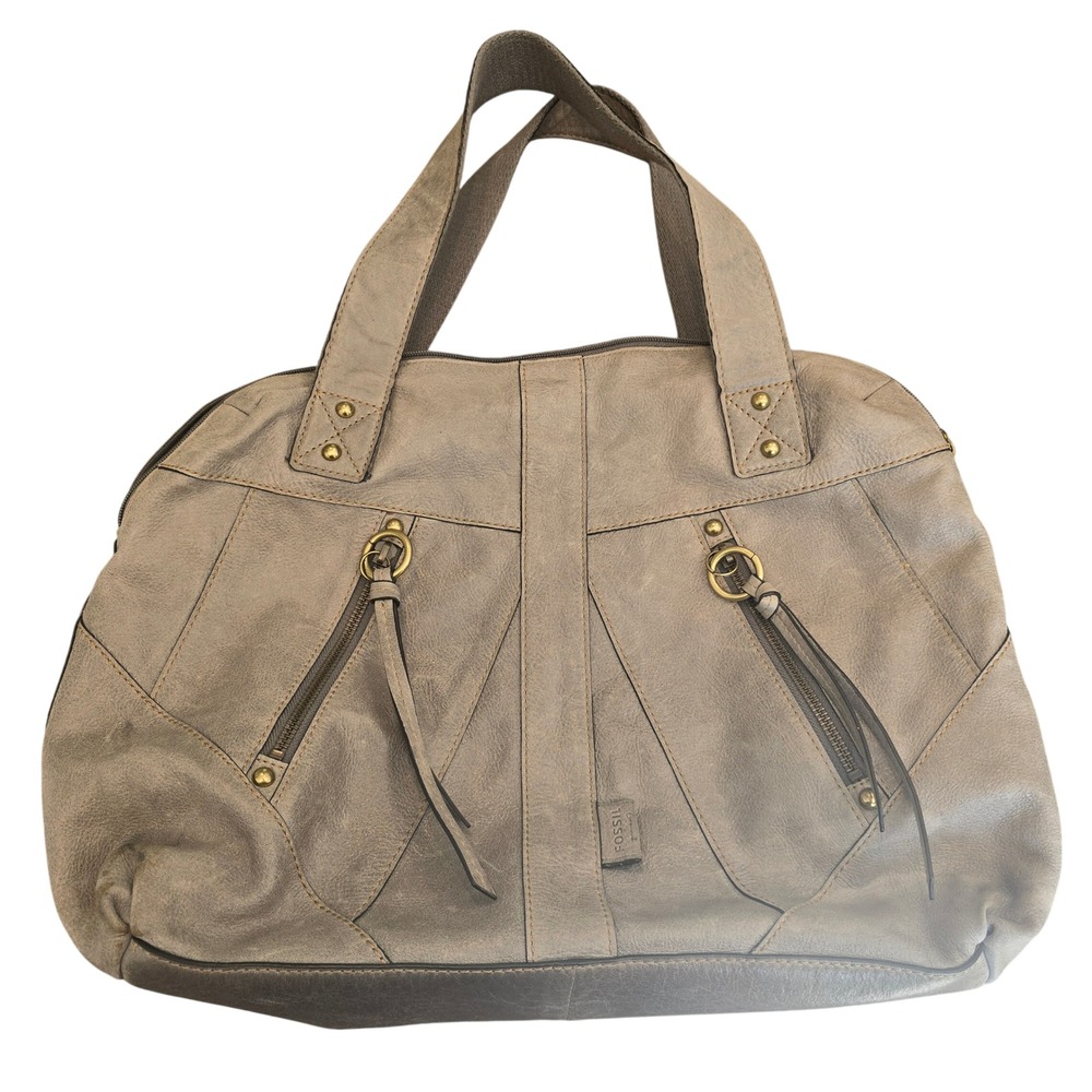Fossil Gray Distressed Leather Shoulder Bag Boho Hobo Tote Brass Hardware Large